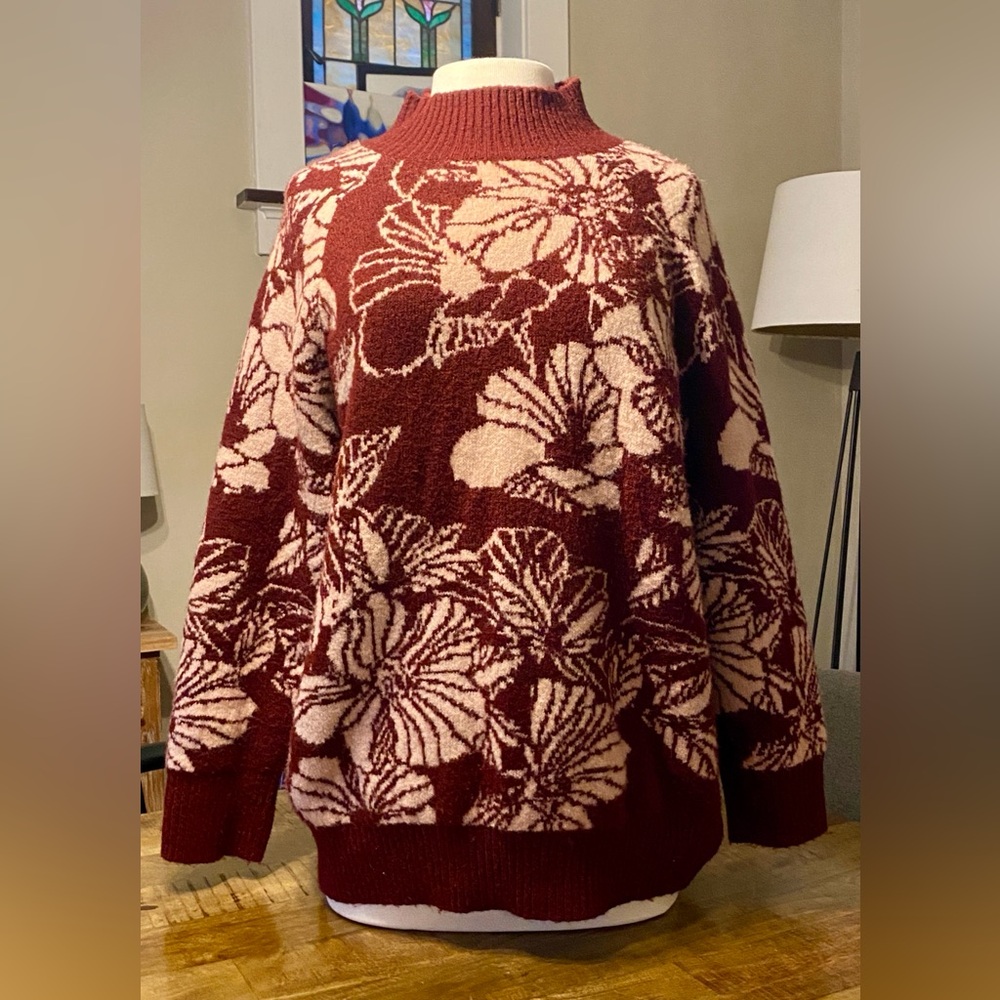 Vintage Liz Claiborne Oversized Flower Floral Mock Neck Sweater Maroon Pink XL